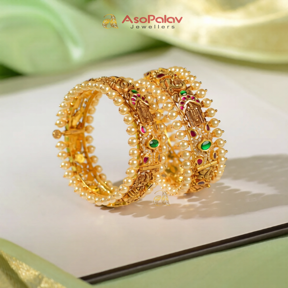22K Pearl & Emerald Gold Bangles for Women | Luxury Bridal Jewellery